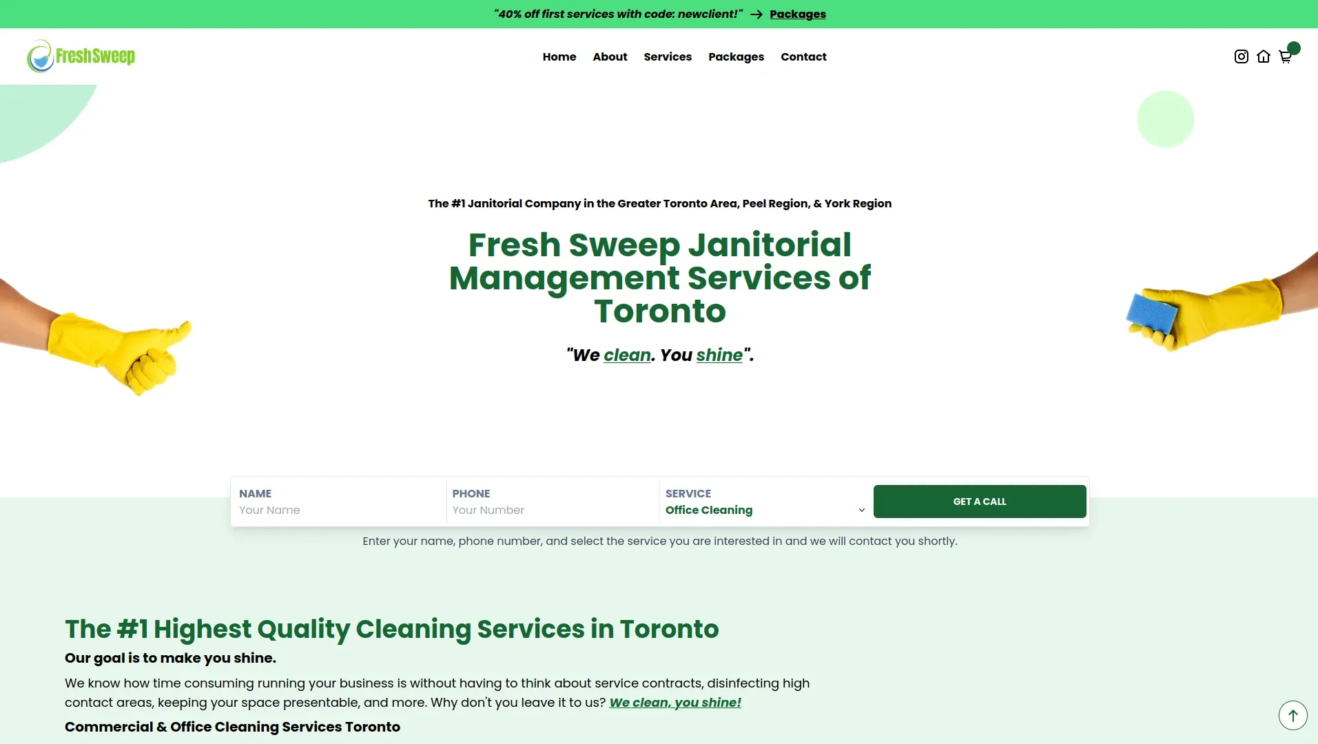 The Freshsweep landing page, featuring e-commerce functionalities for
          online booking
